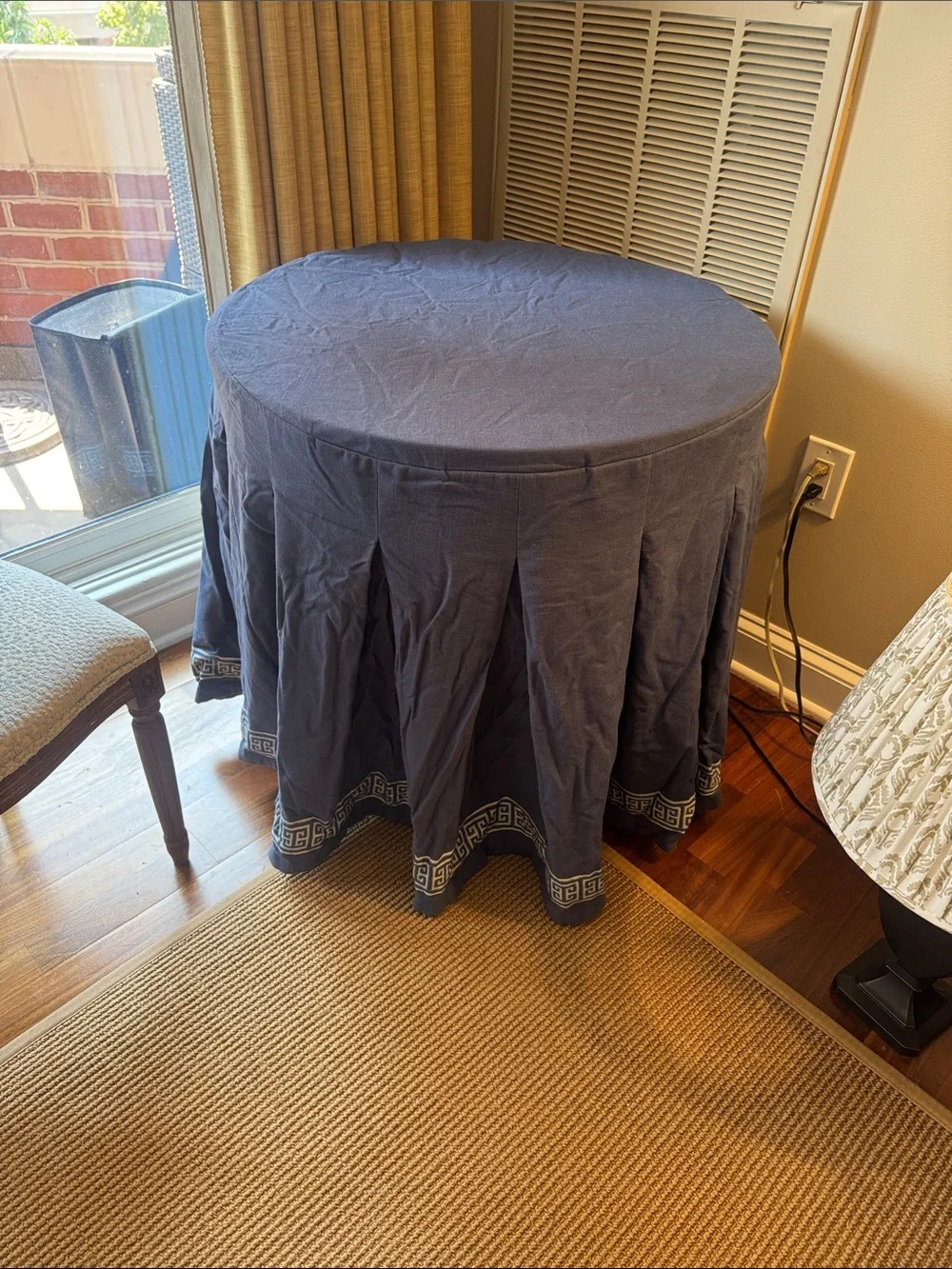 Calico Corner - Classic Navy Round Tablecloth with Greek Key Trim - Home Dining